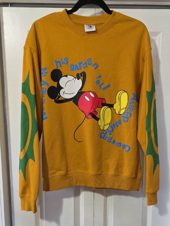 Disney Sweaters - Disney Mustard Mickey Mouse Crewneck with Green Sleeve Accents